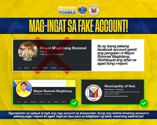 Poster: Mag-ingat sa fake account! Pekeng Facebook profile ni Mayor Rommel Magbitang, i-report agad; tunay na page ng Naic
