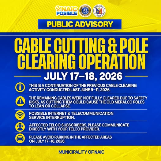Poster: Public Advisory, Cable Cutting at Pole Clearing Operation, Hulyo 17–18, 2026, Municipality of Naic