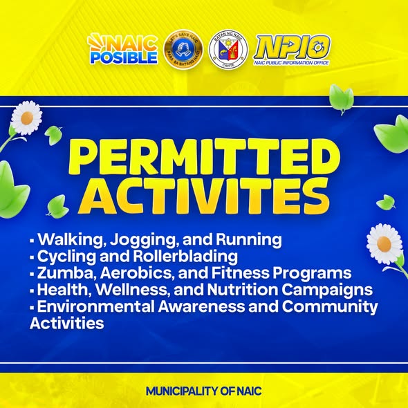 Poster: Permitted Activities para sa Healthy Streets Naic, kabilang ang paglalakad, pagbibisikleta, at Zumba