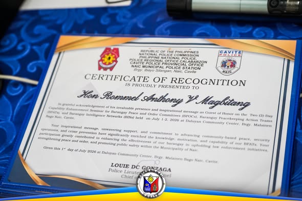Sertipiko ng pagkilala kay Hon. Rommel Anthony V. Magbitang, Guest of Honor sa Capability Enhancement Seminar, Daluyan, Naic