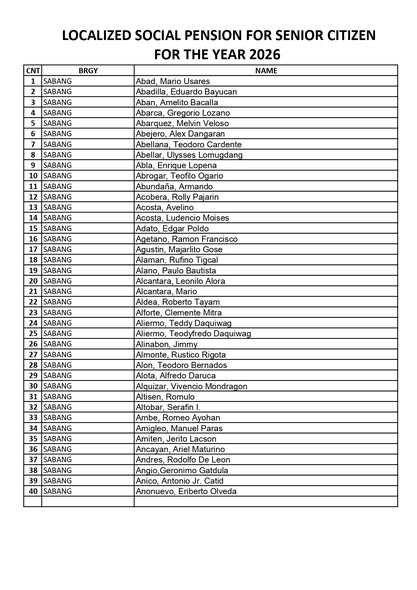 Listahan: Localized Social Pension para sa Senior Citizen 2026, Sabang, mga pangalan ng benepisyaryo