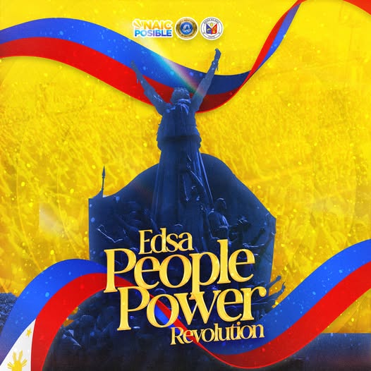 Poster: Edsa People Power Revolution, may estatwa at watawat ng Pilipinas, Naic, Cavite
