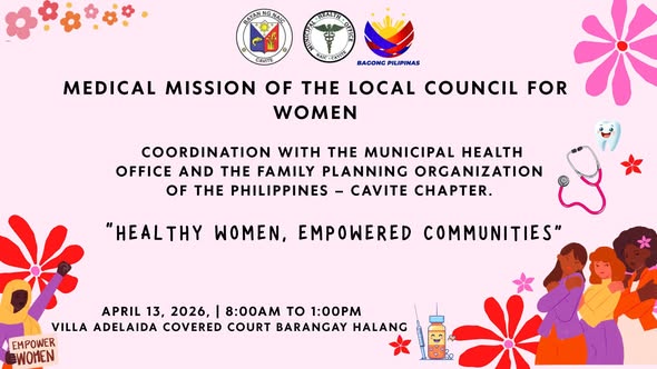 Poster: Medical Mission ng Local Council for Women, Abril 13, 2026, 8:00AM hanggang 1:00PM, Villa Adelaida Covered Court…