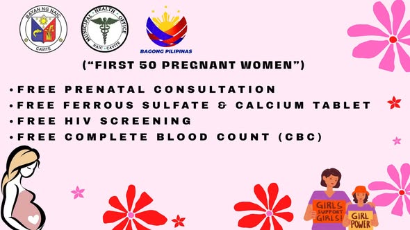 Poster: Libreng prenatal consultation, ferrous sulfate at calcium, HIV screening, at CBC para sa unang 50 buntis, Naic