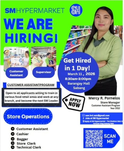 Poster: SM Hypermarket "We Are Hiring!", Get Hired in 1 Day, Marso 11, 2026, Barangay Hall Sabang, Naic