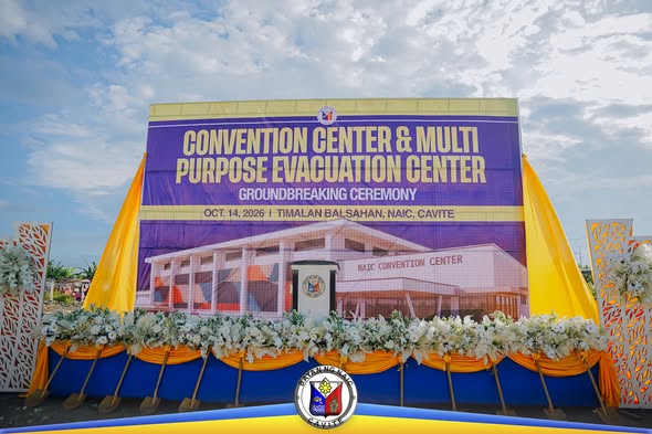 Poster: Groundbreaking ng Convention Center at Multi-Purpose Evacuation Center, Oktubre 14, 2026, Timalan Balsahan, Naic…