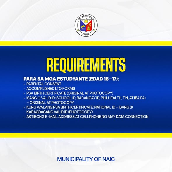 Poster: Requirements para sa mga estudyante (edad 16-17) para sa LTO, Municipality of Naic