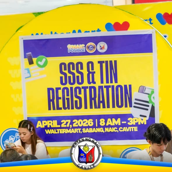 Poster: SSS & TIN Registration, Abril 27, 2026, 8 AM-3PM, Waltermart, Sabang, Naic, Cavite