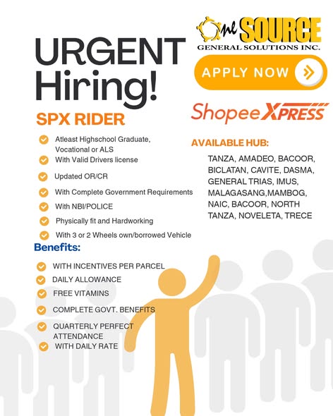 Poster: URGENT Hiring para sa SPX Rider, Shopee Xpress, may listahan ng requirements, benefits at available hubs sa Cavite