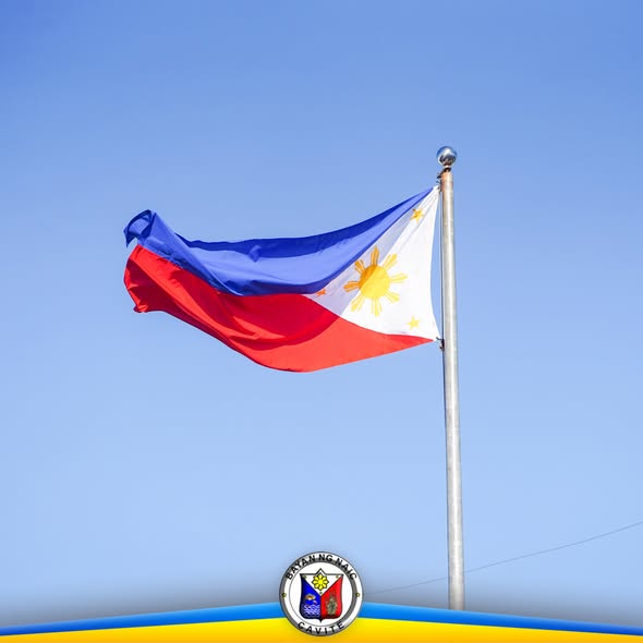 Watawat ng Pilipinas na kumakaway sa poste laban sa asul na langit, may selyo ng Bayan ng Naic sa ibaba