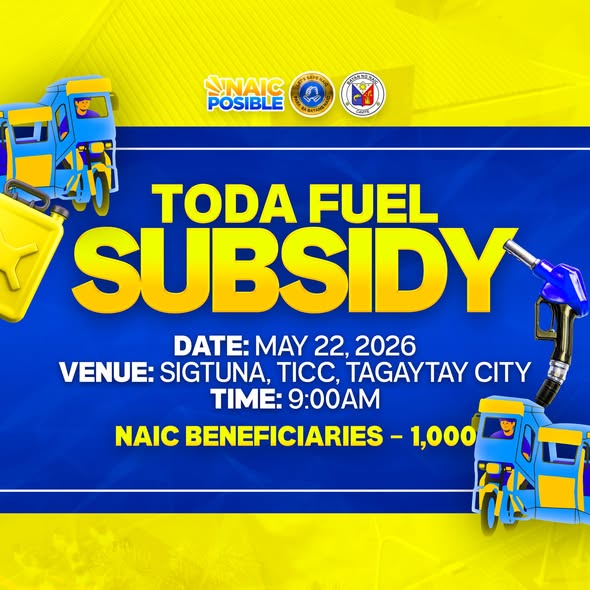 Poster: TODA Fuel Subsidy, Mayo 22, 2026, 9:00AM, Sigtuna TICC Tagaytay City, para sa 1,000 benepisyaryo ng Naic