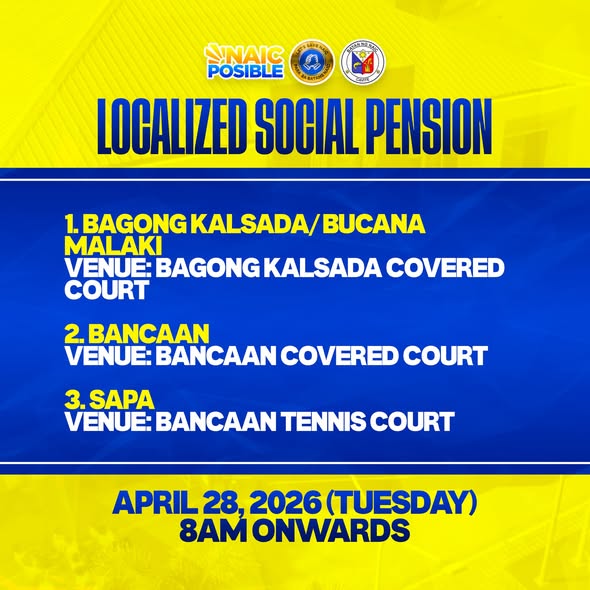 Infographic: Localized Social Pension, Abril 28, 2026 (Martes), 8AM onwards, sa Bagong Kalsada, Bancaan at Sapa