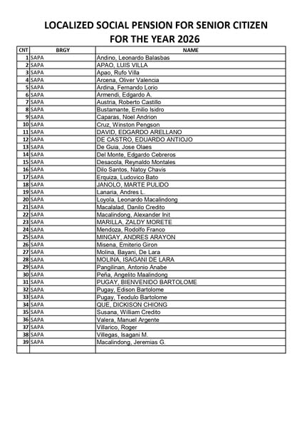 Dokumento: Localized Social Pension for Senior Citizen 2026, listahan ng mga pangalan sa Brgy. Sapa