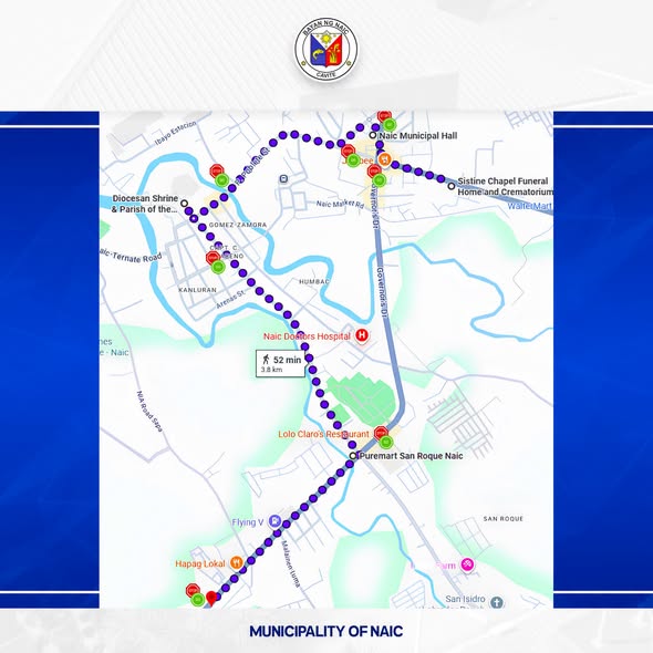Mapa: ruta ng traffic advisory mula Sistine Chapel patungong Naic Municipal Hall at Diocesan Shrine, Agosto 20, 2026