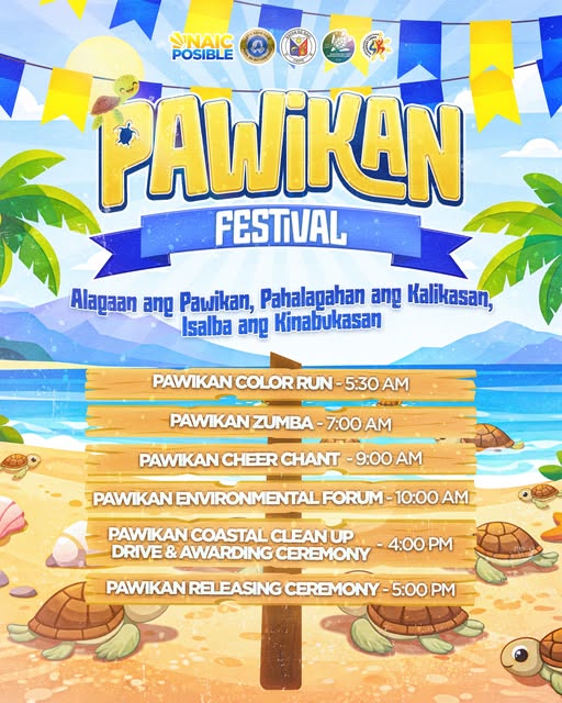 Poster: Pawikan Festival, iskedyul ng mga ganap mula 5:30 AM hanggang 5:00 PM, may mga pawikan sa dalampasigan