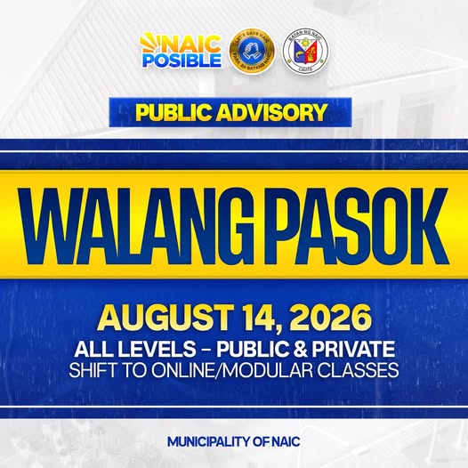 Poster: Public Advisory, Walang Pasok sa Agosto 14, 2026, lahat ng antas, public at private, Municipality of Naic