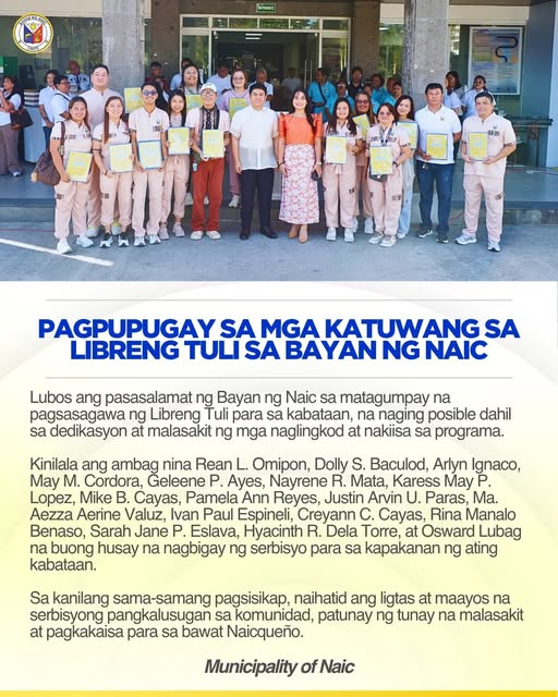 Poster: Pagpupugay sa mga katuwang sa Libreng Tuli sa Bayan ng Naic, may larawan ng mga kawani at kabataan