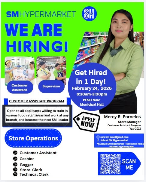 Poster: SM Hypermarket hiring, Get Hired in 1 Day, Pebrero 24, 2026, PESO Naic Municipal Hall