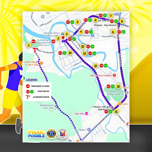 Mapa: Ruta at mga kalsadang isasara para sa Takbo Para sa Pawikan, Naic, Cavite, Pebrero 13, 2026