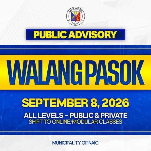 Poster: Public Advisory, Walang Pasok sa Setyembre 8, 2026, lahat ng antas, pampubliko at pribado, Naic
