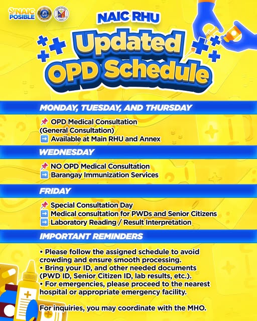 Poster: Updated OPD Schedule ng Naic RHU, may iskedyul ng konsultasyon mula Lunes hanggang Biyernes at paalala