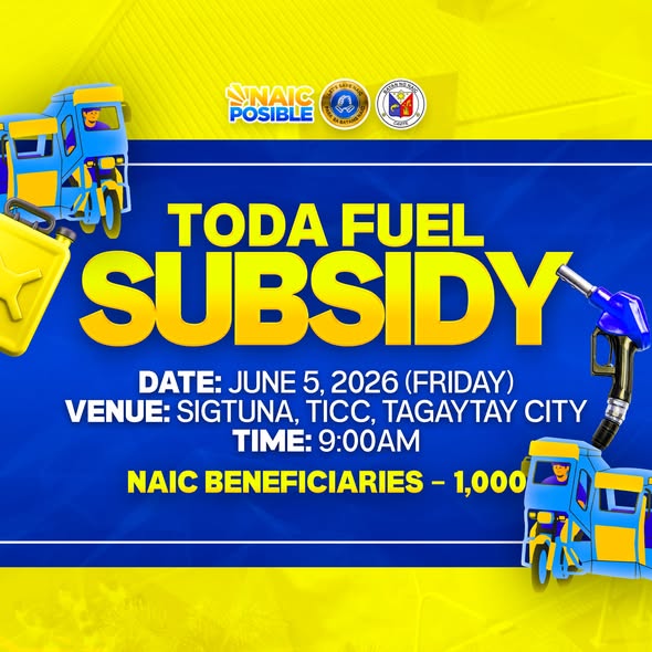 Poster: TODA Fuel Subsidy, Hunyo 5, 2026, 9:00AM, Sigtuna, TICC, Tagaytay City, para sa Naic beneficiaries