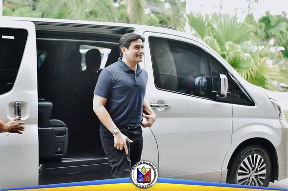 Lalaking naglalakad palabas ng silver na van sa labas ng gusali, may mga puno ng palma sa likuran
