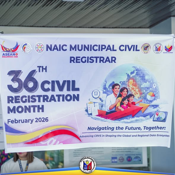 Poster: 36th Civil Registration Month, Pebrero 2026, Naic Municipal Civil Registrar, may illustrasyon ng pamilya