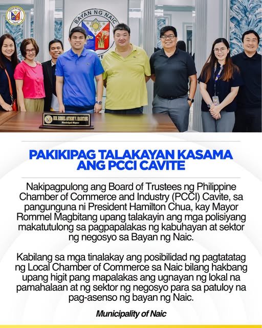 Poster: Pakikipagtalakayan kasama ang PCCI Cavite sa Naic Municipal Hall, may larawan ng grupo sa opisina
