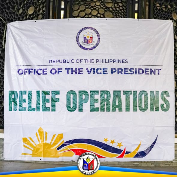 Banner: Relief Operations ng Office of the Vice President, Naic Town Plaza, Mayo 5, 2026