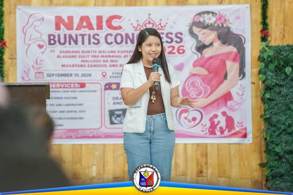 Tagapagsalita na may hawak na mikropono sa Naic Buntis Congress 2026 sa Munting Mapino, Naic