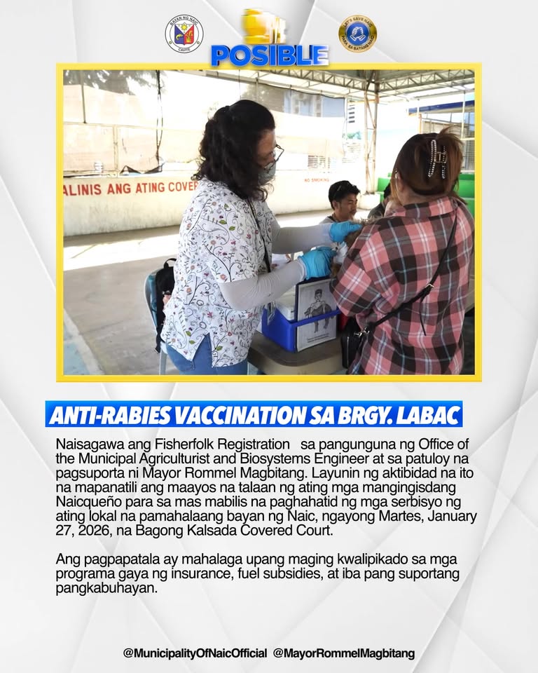 Poster: Anti-rabies vaccination sa Brgy. Labac, Bagong Kalsada Covered Court, Naic, Enero 27, 2026