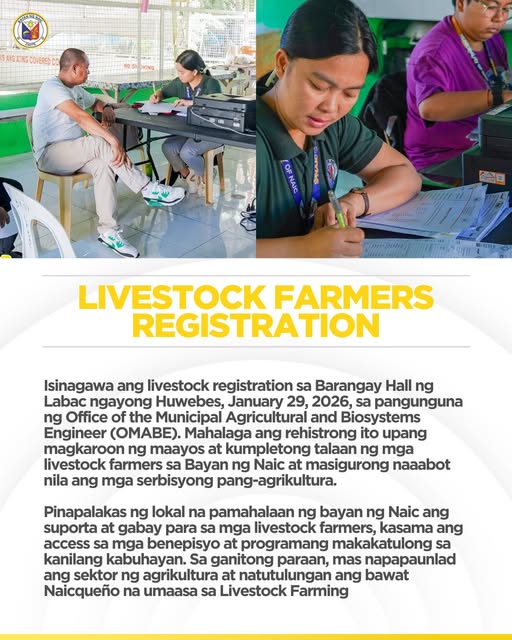 Poster: Livestock Farmers Registration sa Barangay Hall ng Labac, Enero 29, 2026, OMABE, Naic