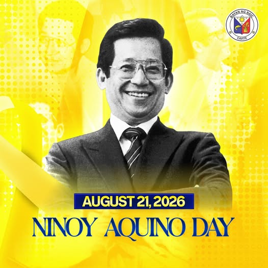 Poster: Ninoy Aquino Day, Agosto 21, 2026, Bayan ng Naic, Cavite. May larawan ng isang lalaki na nakangiti.