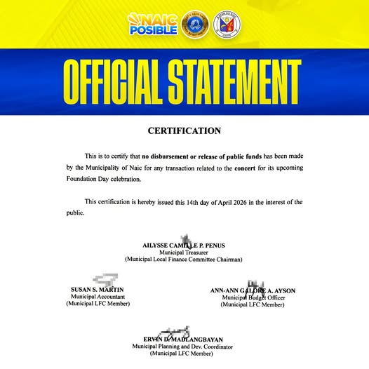 Dokumento: Sertipikasyon na walang disbursement ng pondo ng bayan para sa concert ng Foundation Day, Abril 14, 2026, Naic