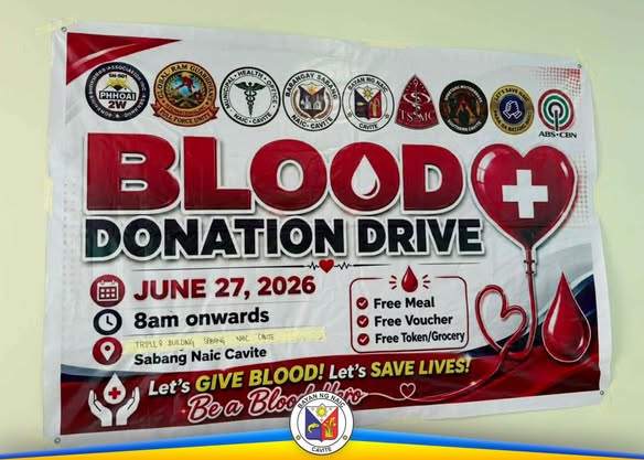 Poster: Blood Donation Drive, Hunyo 27, 2026, 8am onwards, Sabang Naic Cavite. May libreng pagkain at voucher.