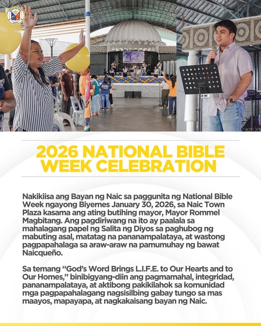 Poster: 2026 National Bible Week Celebration sa Naic Town Plaza, Enero 30, 2026, may mga larawan ng pagdiriwang