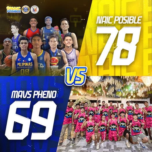 Poster: Resulta ng basketball game, Naic Posible 78 vs MAVS Pheno 69, may larawan ng mga manlalaro