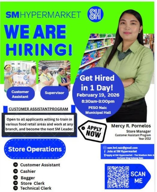Poster: SM Hypermarket hiring, Get Hired in 1 Day, Pebrero 19, 2026, PESO Naic Municipal Hall
