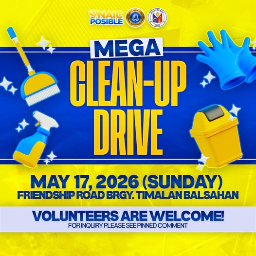 Poster: Mega Clean-Up Drive, Mayo 17, 2026 (Linggo), Friendship Road, Brgy. Timalan Balsahan, Naic