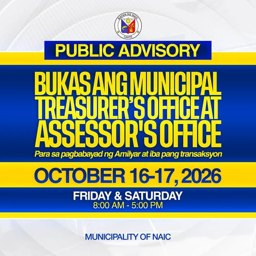 Poster: Bukas ang Municipal Treasurer's at Assessor's Office, Oktubre 16-17, 2026, 8:00 AM-5:00 PM, Naic