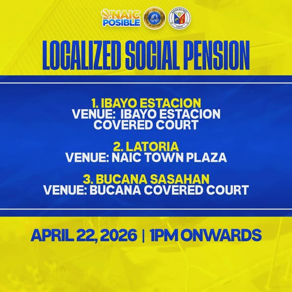 Poster: Localized Social Pension, Abril 22, 2026, 1PM pataas, Ibayo Estacion, Latoria, at Bucana Sasahan, Naic