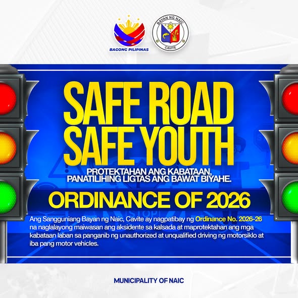 Poster: Safe Road Safe Youth, Ordinance of 2026, Munisipyo ng Naic, Cavite