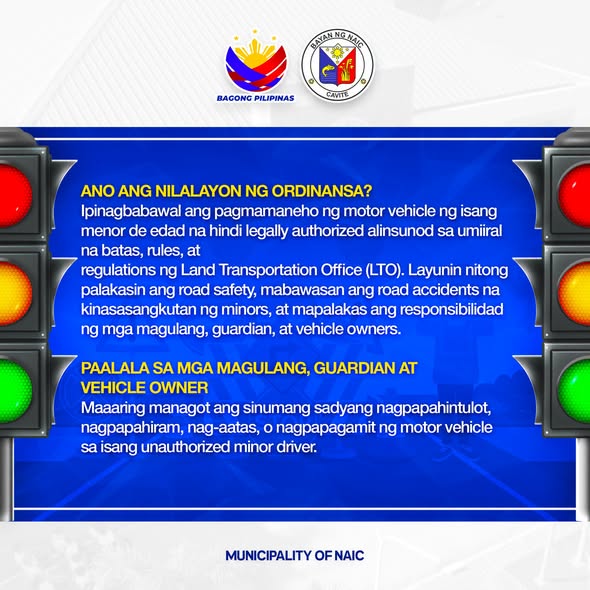 Poster: Ordinance tungkol sa pagmamaneho ng menor de edad, Municipality of Naic, Cavite. Mga paalala para sa magulang at…