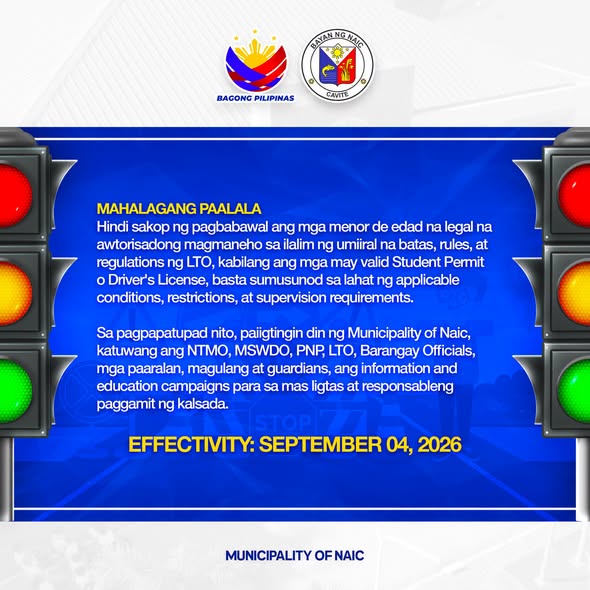 Graphic: Mahalagang Paalala tungkol sa menor de edad na pagmamaneho, epektibo Setyembre 4, 2026, Municipality of Naic