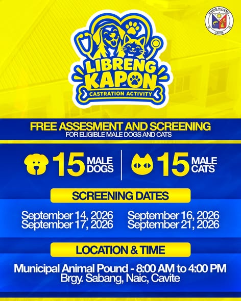 Poster: Libreng Kapon para sa aso at pusa, screening Setyembre 14-21, 2026, Municipal Animal Pound, Brgy. Sabang, Naic