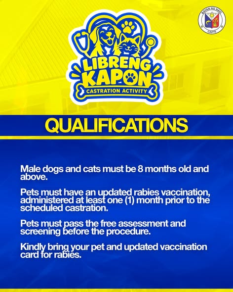Poster: Libreng Kapon castration activity, mga kwalipikasyon para sa aso at pusa, Naic, Cavite