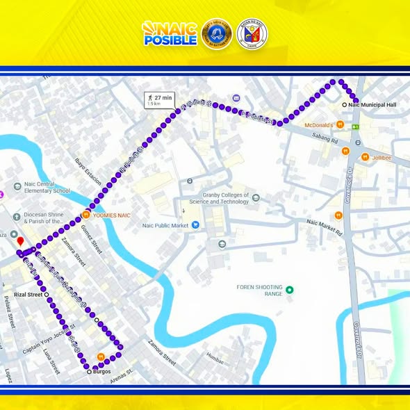 Mapa ng ruta ng Sunduan Festival 2026 procession mula Naic Municipal Hall hanggang Burgos at pabalik sa Town Plaza