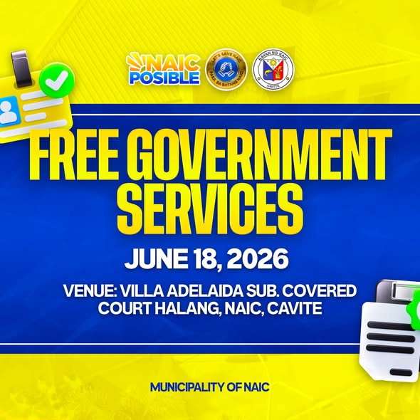 Poster: Free Government Services, Hunyo 18, 2026, Villa Adelaida Sub. Covered Court, Halang, Naic, Cavite