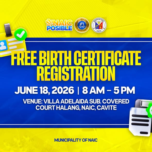 Poster: Free Birth Certificate Registration, Hunyo 18, 2026, 8 AM-5 PM, Villa Adelaida Covered Court, Halang, Naic